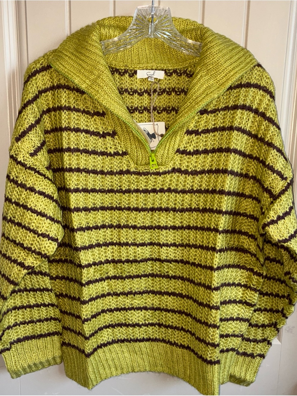 easel Lime Green & Dark Brown Striped Half-Zip Sweater